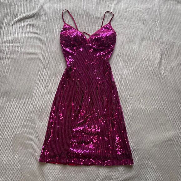 MASQUERADE HOT PINK SEQUIN MINI DRESS - Picture 2 of 5
